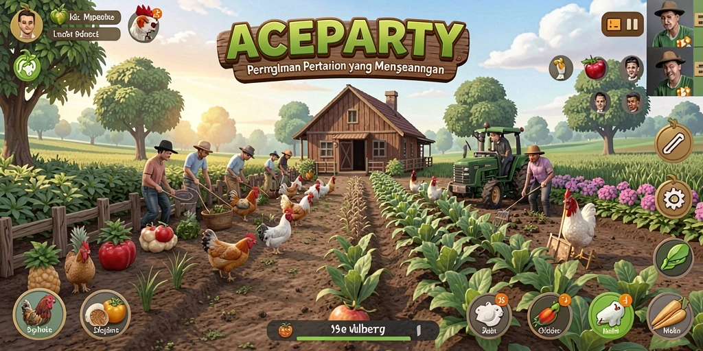 Screenshot utama ACEPARTY menampilkan kebun yang indah dengan berbagai tanaman.