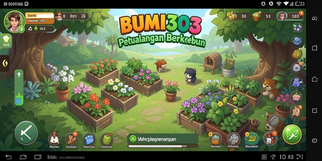 Tampilan gameplay BUMI303 dengan kebun yang subur dan hewan ternak.