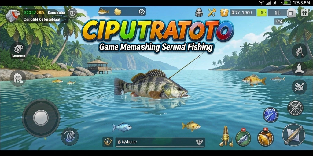 Screenshot gameplay CIPUTRATOTO menunjukkan aksi memancing yang menegangkan dan lokasi yang indah.
