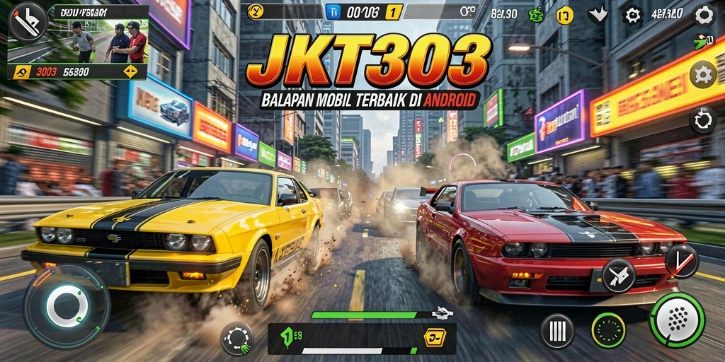 Tampilan gameplay JKT303 yang mendebarkan dengan mobil balap melaju cepat.